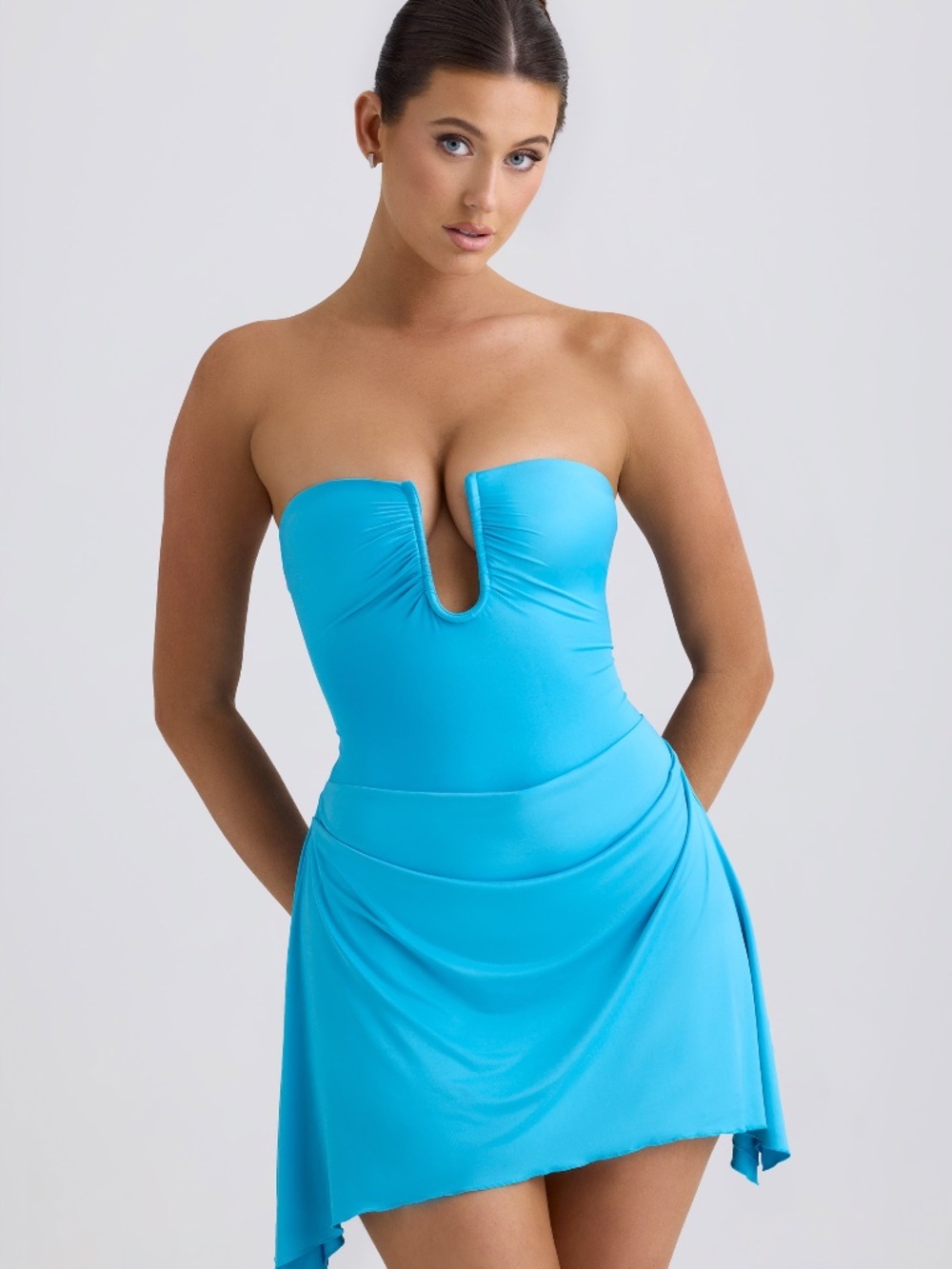 Oh Polly Slinky Jersey Draped A-Line Mini Dress in Aqua Blue Size MM